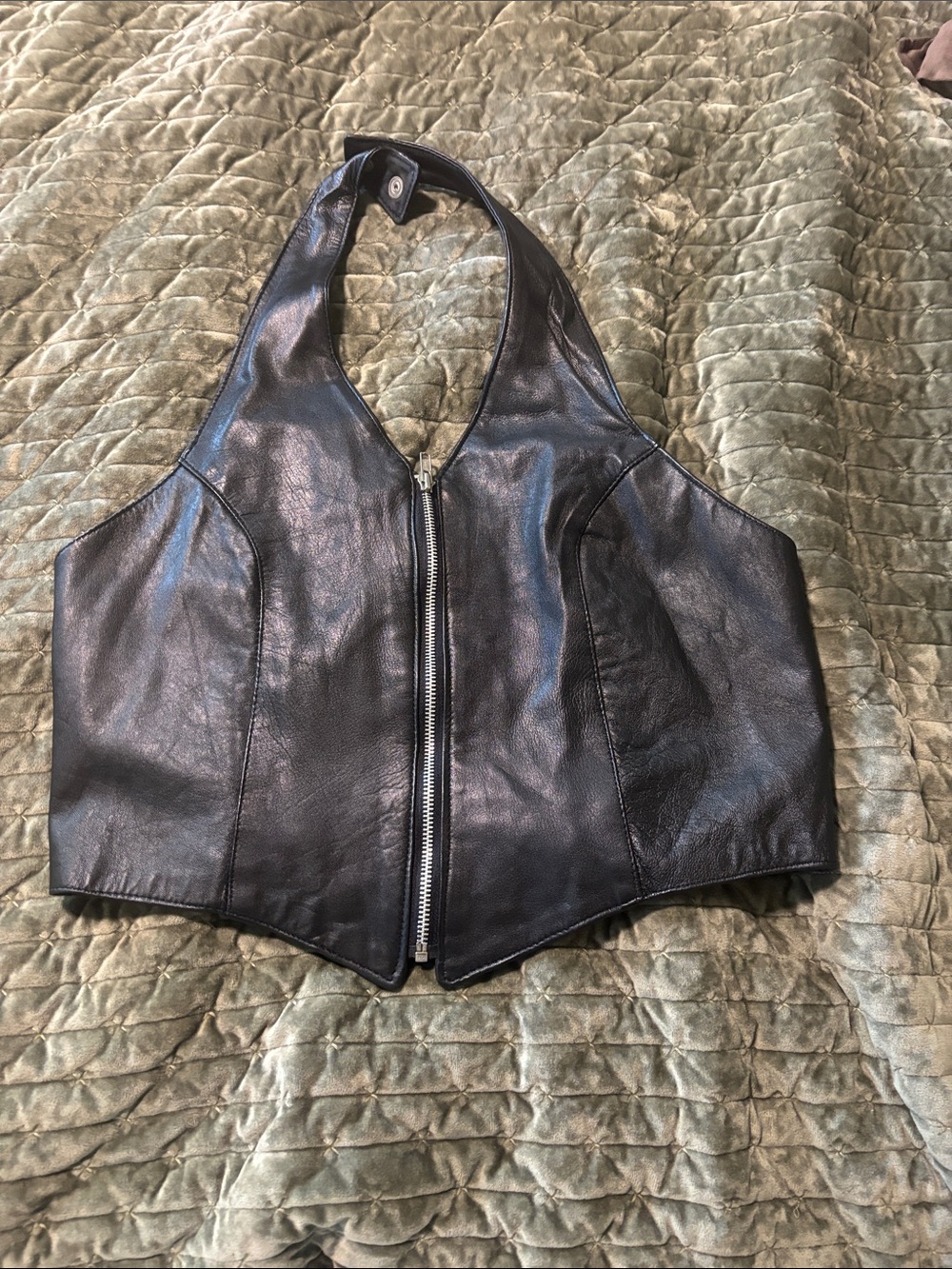 Black Leather Zip-Front Halter Vest